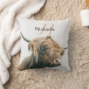 Coussin Portrait de vache Highland nom personnalisé monogr