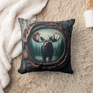 Coussin Portrait d'orignal majestueux dans cadre rustique