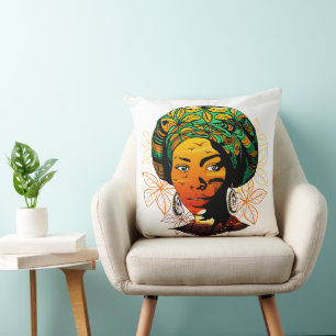 Coussin Portrait féminin africain avec coucher de soleil