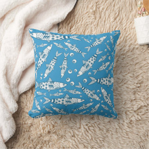 Coussin Portugais Lisbonne Sardines Motif Azulejos Bleu