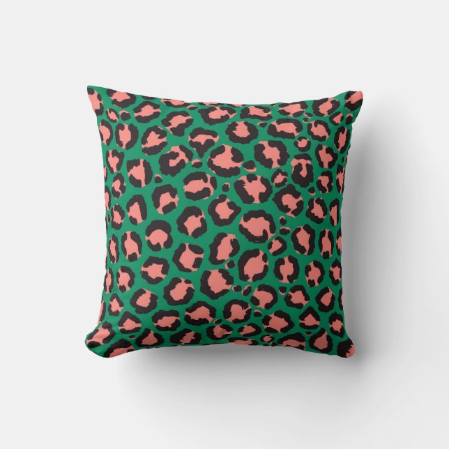 Coussin Poster de animal Léopard vert rose corail moderne (Recto)