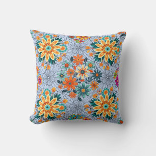 Coussin Pots de fleurs multicolores motif. noir L Bleu BG