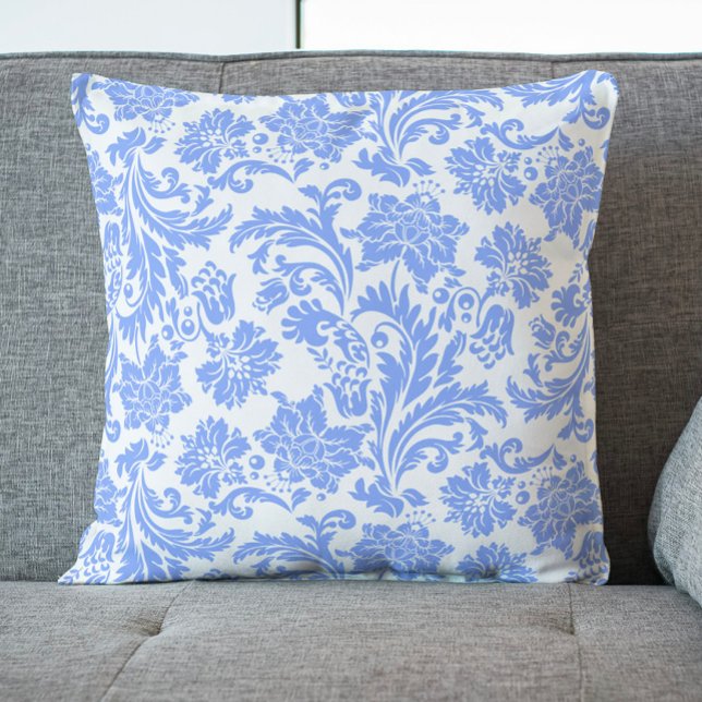 Coussin Poudre bleu et blanc Damas florales (Créateur téléchargé)