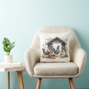 Coussin Poulets d'aquarelle en coop