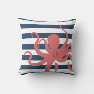 Coussin Poulpe rouge moderne plage blanc rayé bleu marine