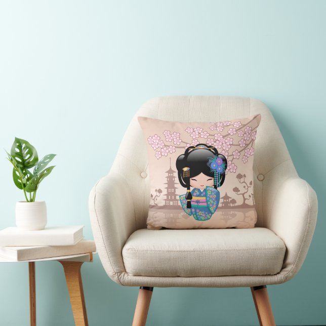 Coussin Poupée Keiko Kokeshi - Blue Kimono Geisha Girl (Chaise)