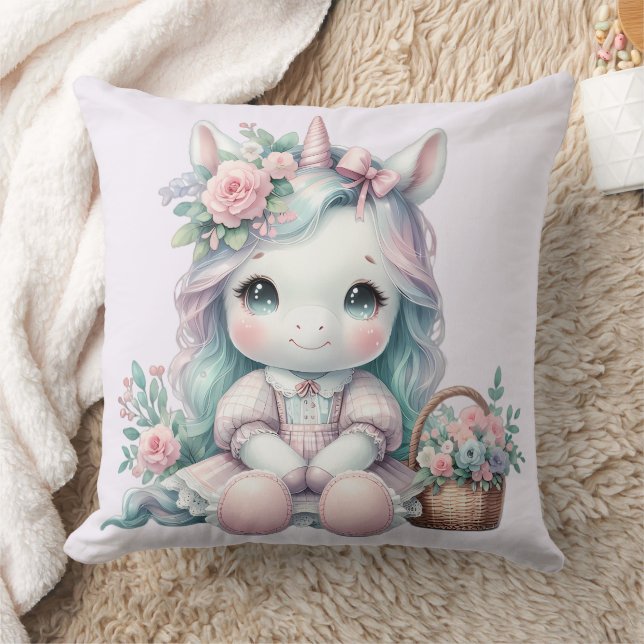 Coussin Poupée Licorne Kawaii Pastel avec Panier de Fleurs (Couverture)