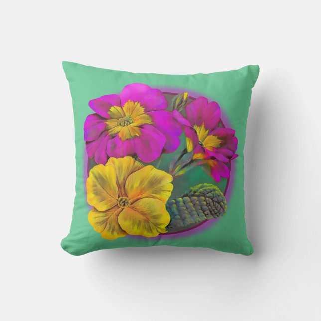 Coussin Poussard Primula vert, jaune et rose (Recto)