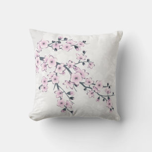 Coussin Poussière Florale de Cerisier Rose Pâle Blanc