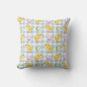 Coussin Poussin aquarelle et œufs sur motif vichy bleu