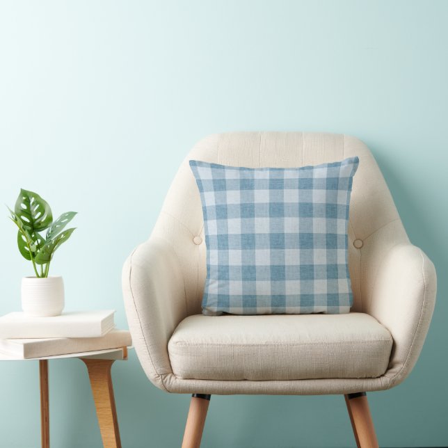 Coussin Powder Blue Gingham Buffalo Check Linen Texture (Chaise)