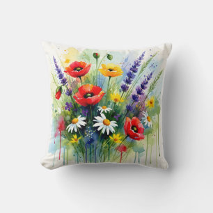Coussin Prairie de fleurs sauvages colorée Abstrait aquare