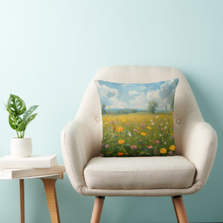 Coussin Prairie de fleurs sauvages vibrantes dans le style
