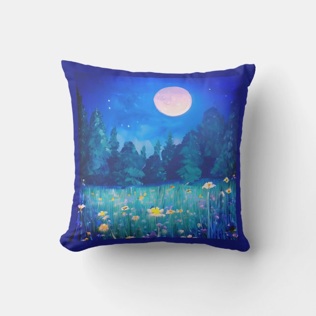 Coussin Pré et forêt sous une Pleine lune (Recto)