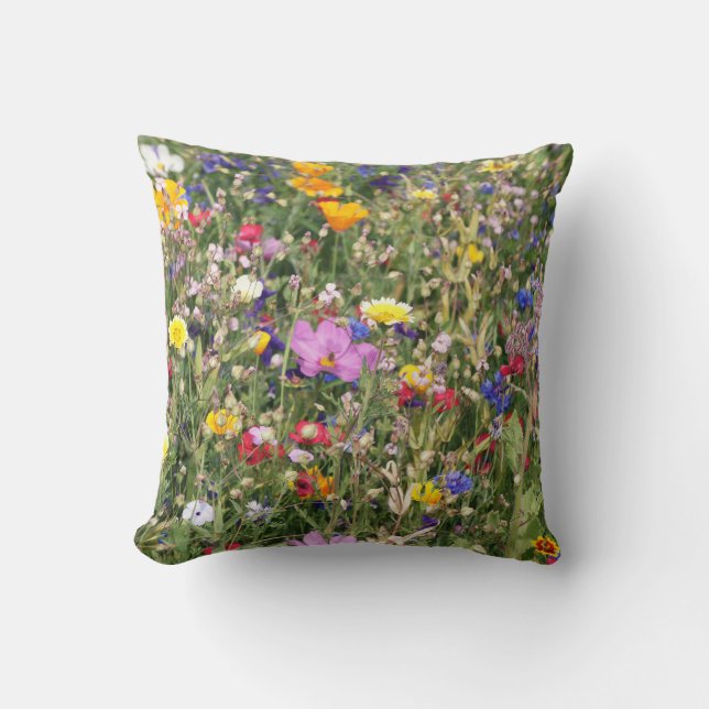 Coussin Pré fleur sauvage coloré, motif vibrant. (Recto)
