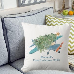 Coussin Premier arbre d'avion de Noël personnalisé pour le