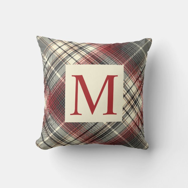 Coussin Premier monogramme rouge gris tarte festif (Recto)