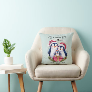 Coussin Premier Noël en famille de trois pingouins