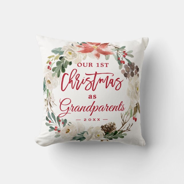 Coussin Premier Noël Grand-parents Floral Wreath Photo (Recto)