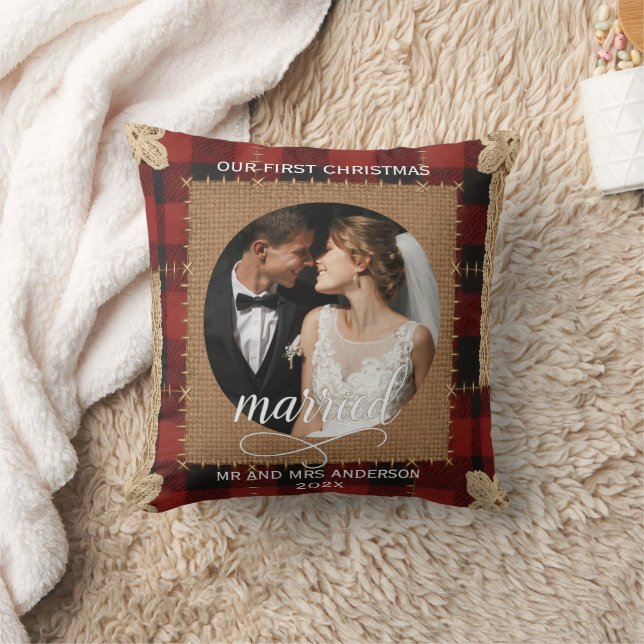 Coussin Premier Noël Marié Planche de Bois Rustique à carr (Couverture)