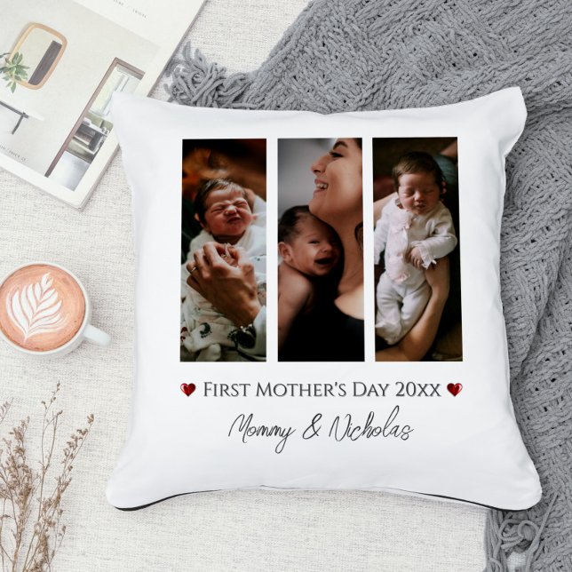 Coussin Première fête des mères Trois photos Collage (White First Mother's Day Three Photo Collage Throw Pillow)