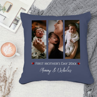 Coussin Première fête des mères Trois photos Collage bleu