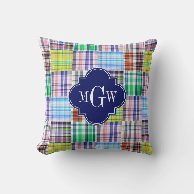 Coussin Préparation Patchwork Madras Navy Quatrefeuilles M (Recto)