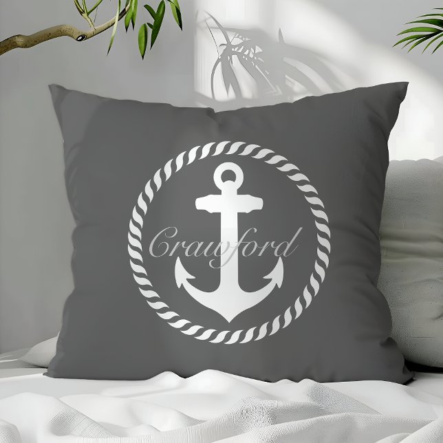 Coussin Preppy gris foncé et blanc Ancre nautique Monogram (Créateur téléchargé)