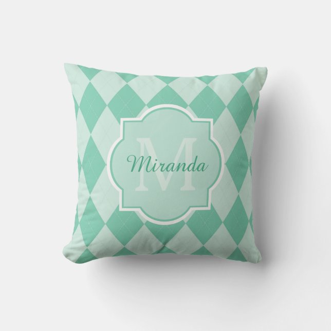 Coussin Preppy Mint Green Jacquard Girly Monogramme et nom (Recto)