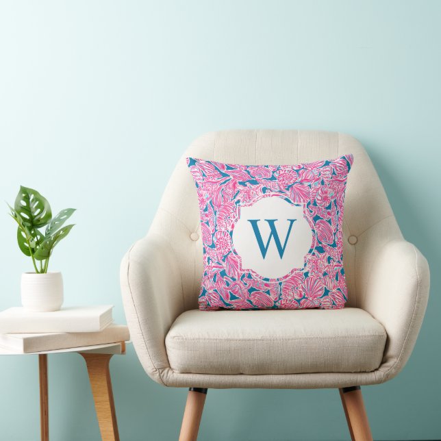 Coussin Preppy Palm Beach Imprimer rose Bleu Coques Monogr (Chaise)