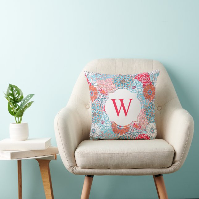 Coussin Preppy Palm Beach Rouge & Bleu Fleurs Monogrammes (Chaise)