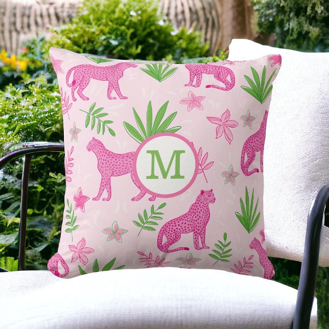 Coussin Preppy Pink Cheetah Monogramme (Créateur téléchargé)