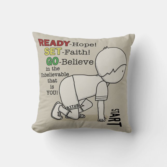 Coussin Prêt, Partez, Croyez ! (Recto)