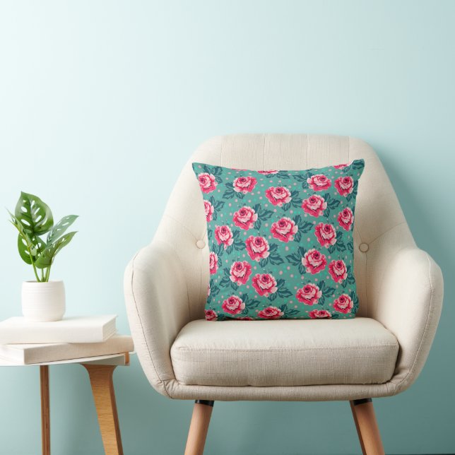 Coussin Pretty Pink Roses and Polka Dot Pattern on Teal (Chaise)