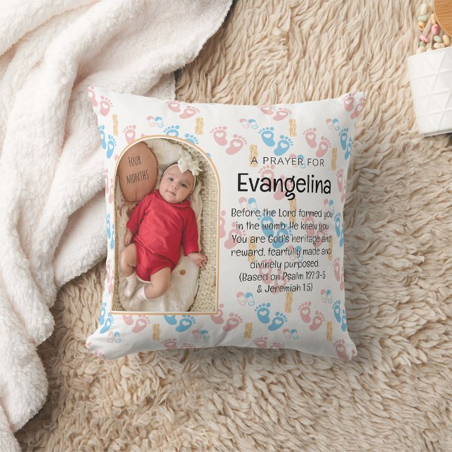 Coussin Prière chrétienne pour bébé personnalisée (Cute Baby Footprints Throw Pillow with customizable photo, name and Bible verse. Ideal souvenir gift)