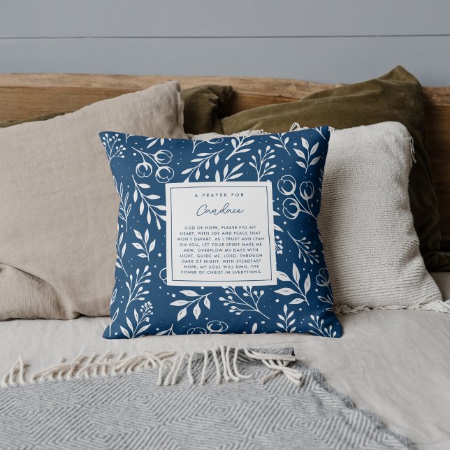 Coussin Prière pour la joie Paix Écriture cadeau Blue Flor (Faith-filled scripture pillow featuring editable prayer poem front.)