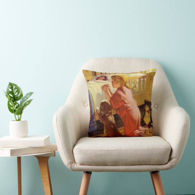 Coussin Prières au coucher, Fille avec chiot, Religion Vin (Chaise)