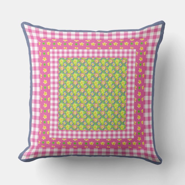 Coussin Primroses et En vichy de style champêtre (Recto)