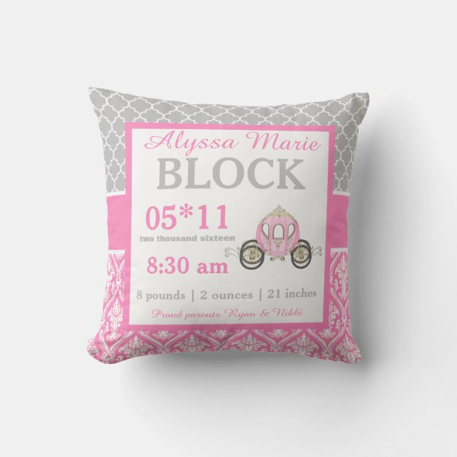 Coussin Princesse rose grise Baby Announcement Pillow (Recto)
