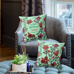 COUSSIN PRINTEMPS UNIQUE ROUGE DOODLE FLEURS ANNIVERSAIRE