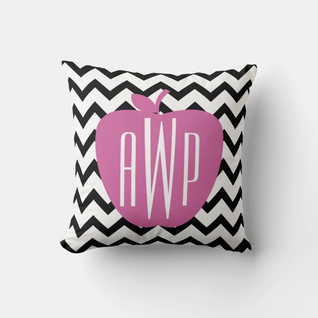 Coussin Professeur rose noir de monogramme de Chevron (Recto)