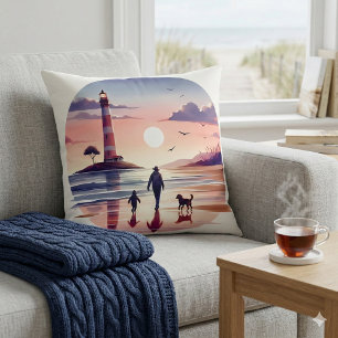 Coussin Promenade au coucher du soleil près du phare Scène