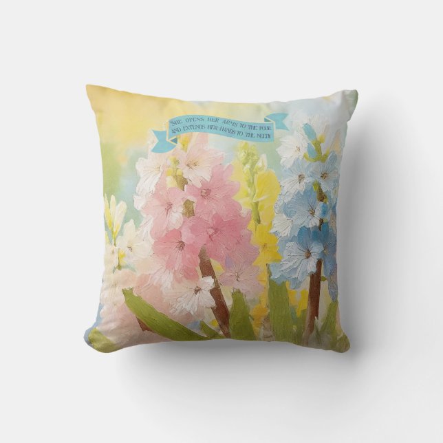 Coussin Proverbes 31:20, Fleurs Hyacinth, Art de la fête d (Recto)