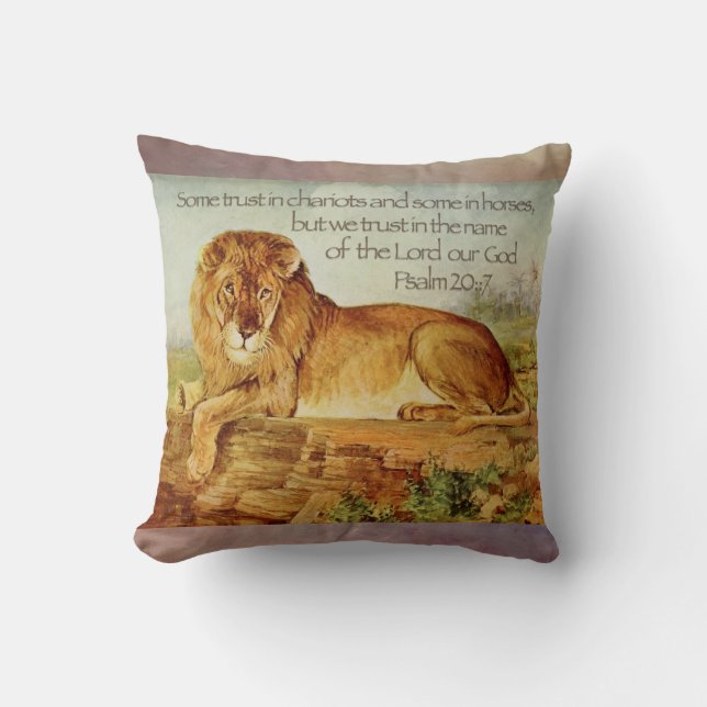 Coussin Psaume 20:7 Bible du Lion chrétien Verse (Recto)