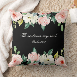Coussin Psaume 23:3 Il rétablit mon âme Bible Verse & Rose