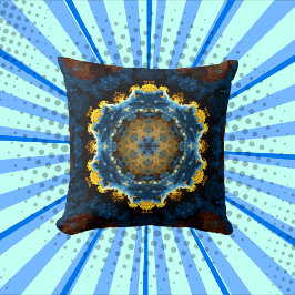 Coussin Psychédélique Mandala Flower bleu jaune et orange
