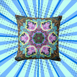 Coussin Psychédélique Mandala Flower bleu jaune et rose