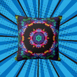 Coussin Psychédélique Mandala Flower bleu vert et jaune