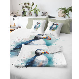 Coussin Puffin aquarelle adorable, personnalisé