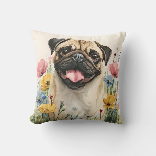 Coussin Pug Watercolor Pillow (Recto)